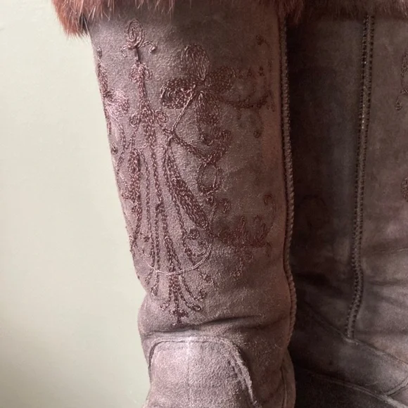 Clarks | Suede Shearling Rabbit Fur Lined Tall Wedge Winter Boots - Picture 4 of 9